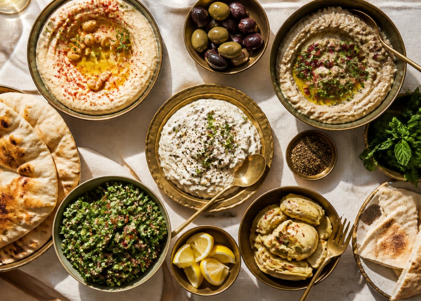 Mediterranean mezze spread with hummus, baba ganoush and warm pita